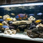 אקווריום מעוצב גדול - ציקלידים אפריקניים ודג מנקה בתוך אקווריום מעוצב עם חול לבן