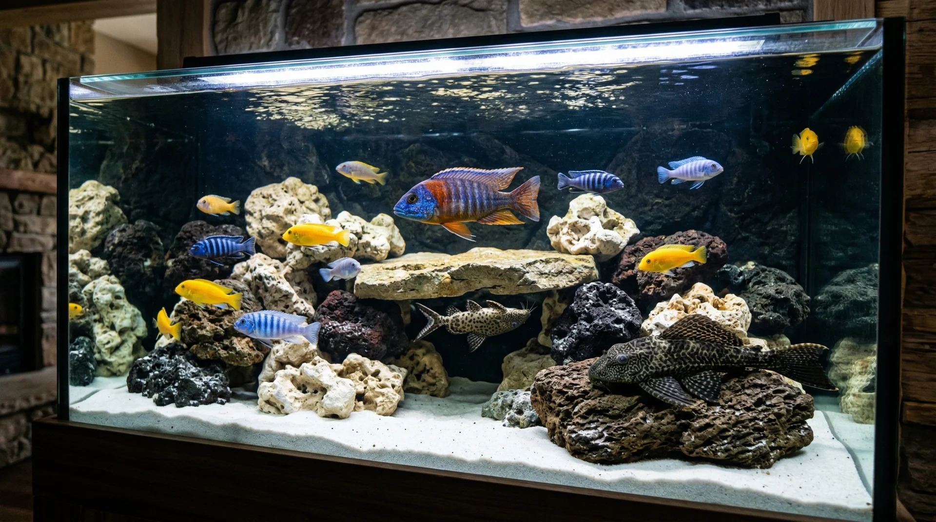 אקווריום מעוצב גדול - ציקלידים אפריקניים ודג מנקה בתוך אקווריום מעוצב עם חול לבן