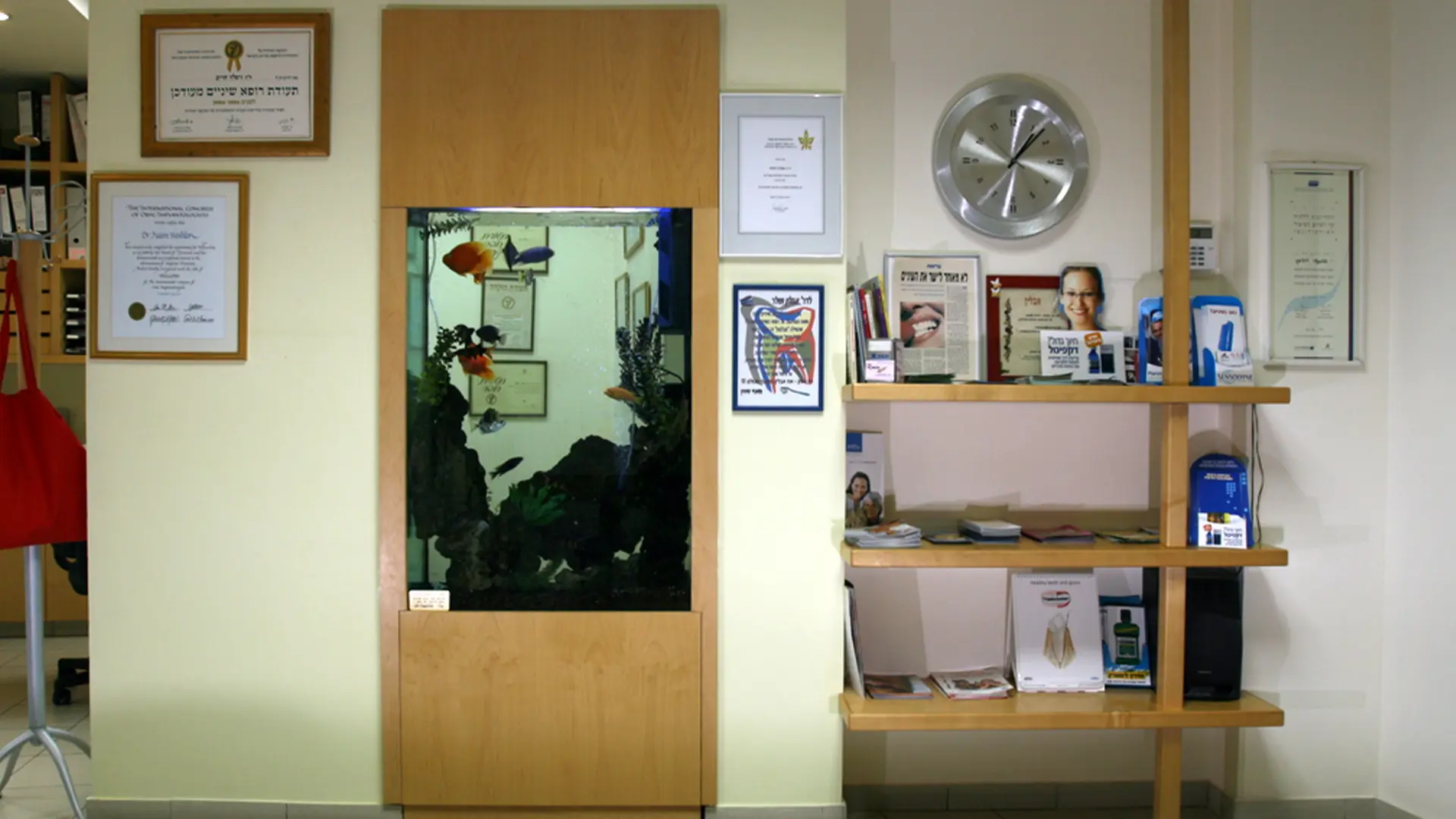 צילום של האקווריום בתוך הקיר בחדר המתנה, מעבר לאקווריום אפשר לראות חדר נוסף