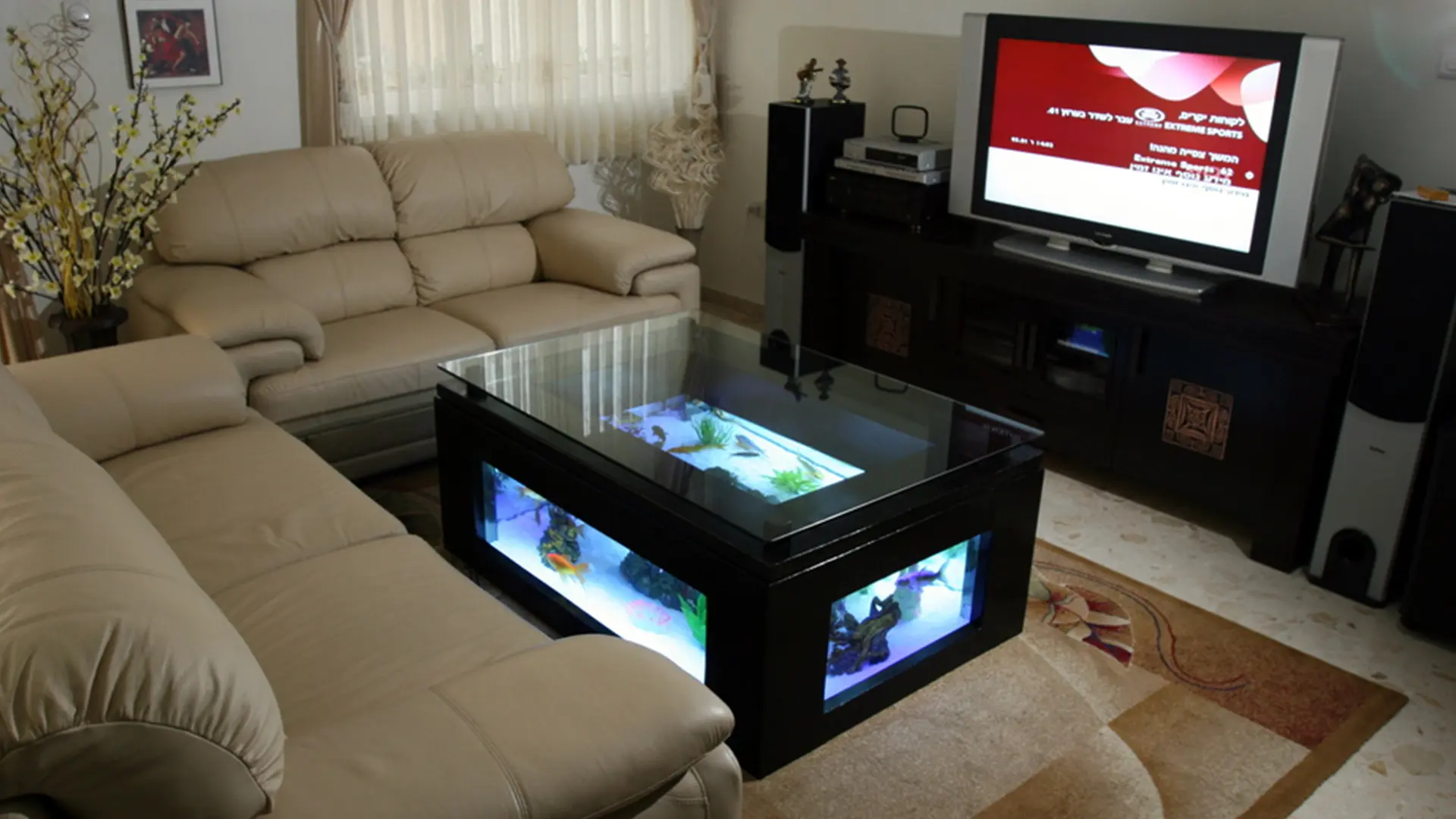 אקווריום שולחן בסלון הבית, מוקף בספות מול הטלוויזיה