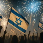 יום העצמאות, דגלי ישראל, זיקוקים ואנשים חוגגים