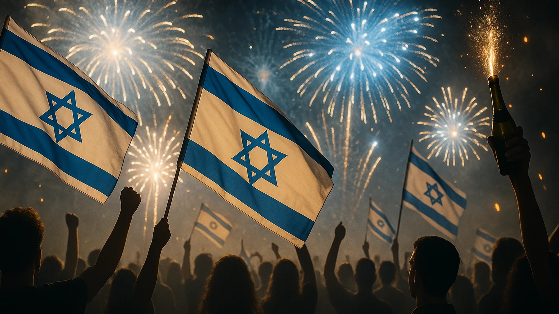 יום העצמאות, דגלי ישראל, זיקוקים ואנשים חוגגים