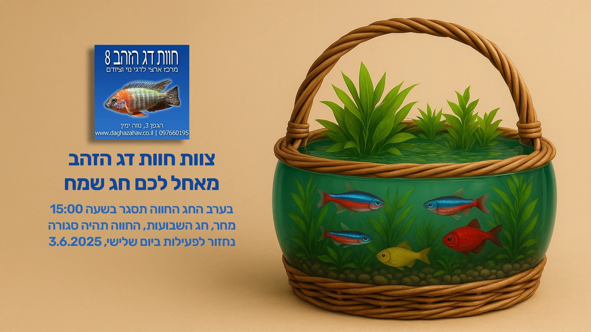 ברכה לחג השבועות מחוות דג הזהב. בצד ימין מופיעה סלסלה שהיא בעצם אקווריום עגול מזכוכית, עם ידית קלועה, מלאה בצמחי מים ירוקים ודגי להקה צבעוניים: נאונים כחולים-אדומים, דג אדום ודג צהוב. בצד שמאל לוגו של חוות דג הזהב עם כתובת: "הגפן 3, נווה ימין | www.daghazahav.co.il | 097660195". מתחת נכתב בטקסט כחול: "צוות חוות דג הזהב מאחל לכם חג שמח. בערב החג החווה תסגר בשעה 15:00, בחג שבועות החווה תהיה סגורה. נחזור לפעילות ביום שלישי, 3.6.2025".