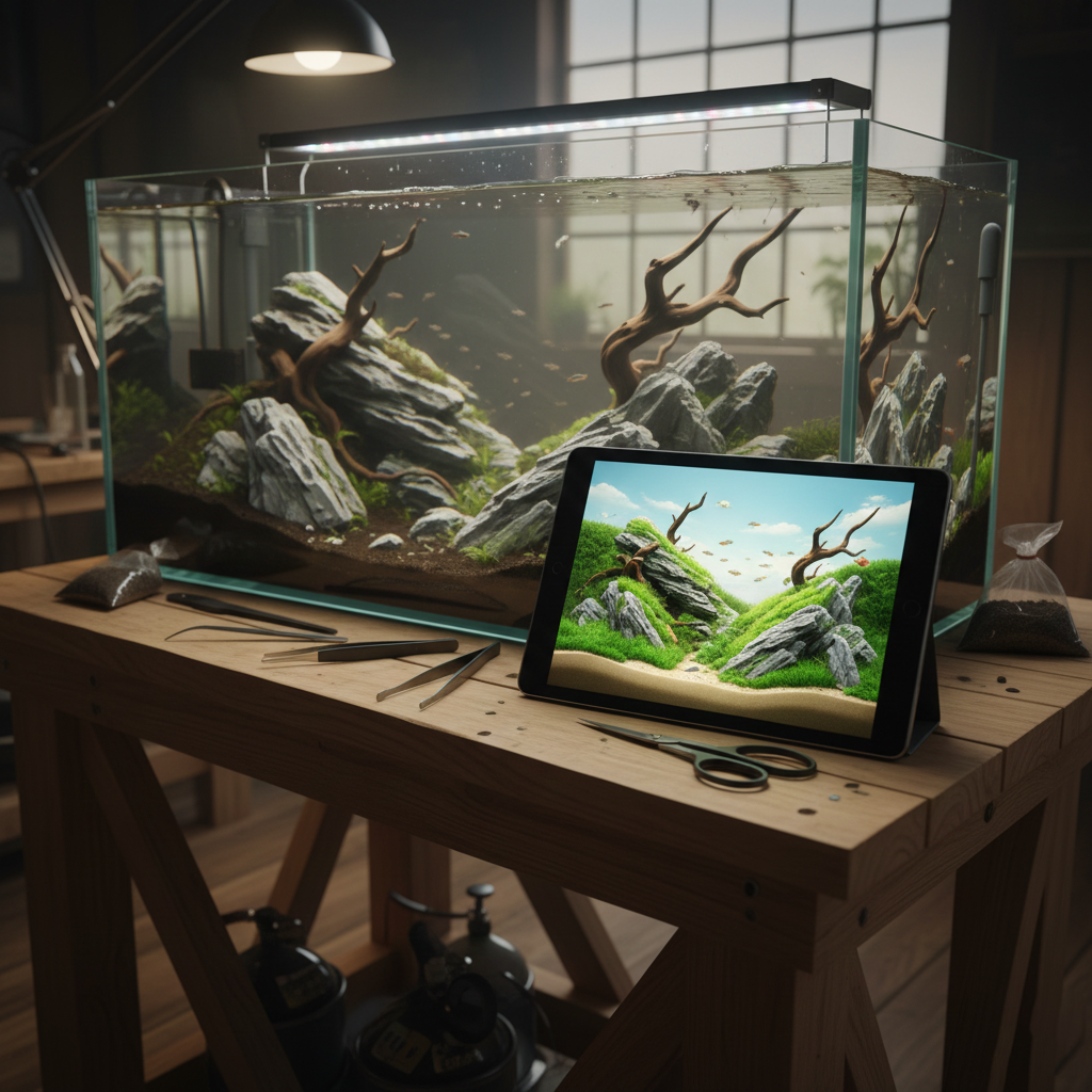 עיצוב אקווריום ביתי בעזרת בינה מלאכותית: טאבלט המציג הדמיה של עיצוב סופי לצד האקווריום בתהליך הקמה.
