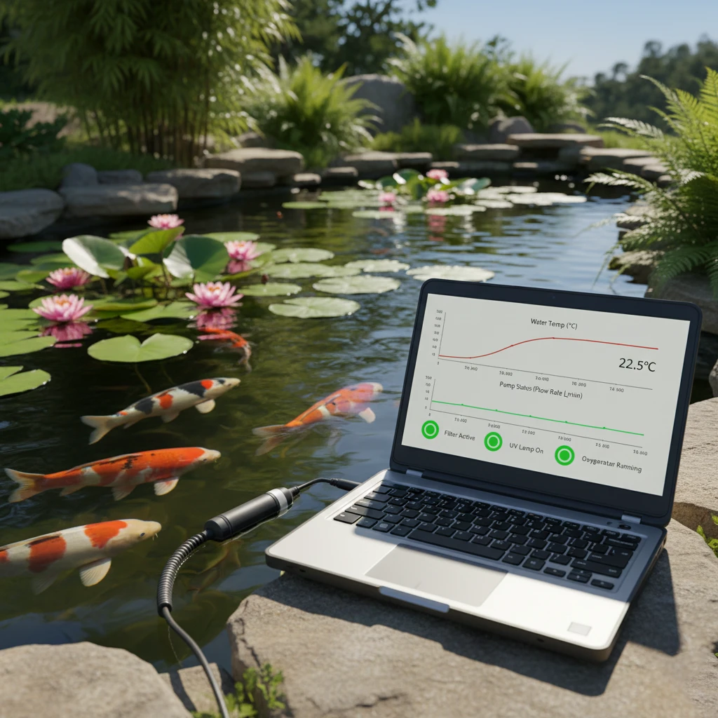 ניטור ותחזוקת בריכת נוי בעזרת בינה מלאכותית: מחשב נייד המציג מדדי טמפרטורה ומצב מערכות בזמן אמת על שפת בריכת דגי קוי.