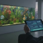 שילוב בינה מלאכותית באקווריום ביתי מודרני: אקווריום דגי דיסקוס צבעוני וממשק שליטה חכם בטאבלט המציג נתוני תחזוקה ומדדים בזמן אמת.