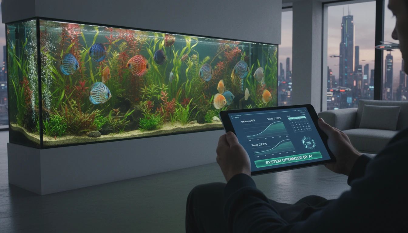 שילוב בינה מלאכותית באקווריום ביתי מודרני: אקווריום דגי דיסקוס צבעוני וממשק שליטה חכם בטאבלט המציג נתוני תחזוקה ומדדים בזמן אמת.
