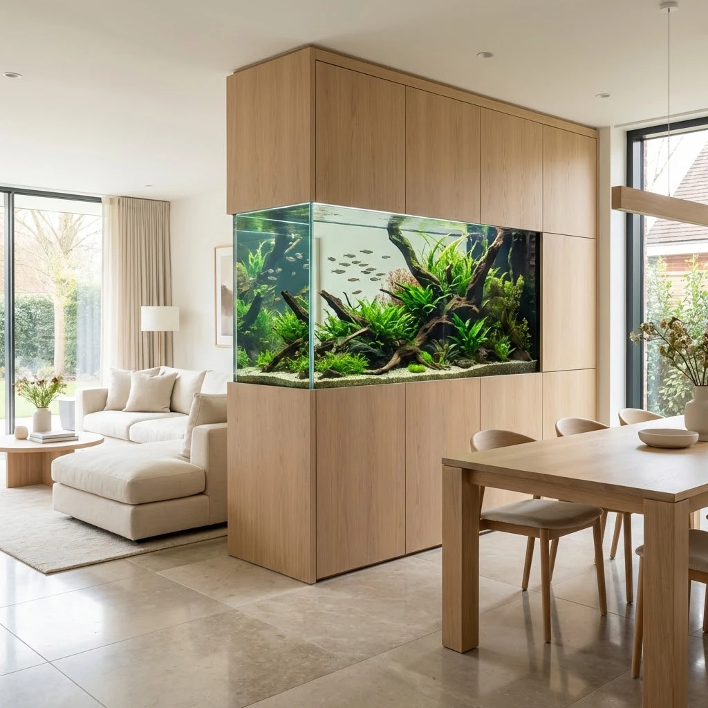 שילוב אקווריום בעיצוב הבית כמחיצה חכמה בין הסלון לפינת האוכל, עם נגרות מותאמת המסתירה את הציוד למראה נקי ויוקרתי.