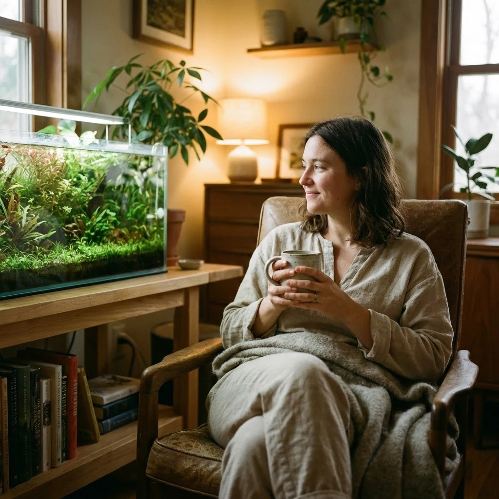 יצירת פינת מרגוע בעזרת אקווריום בעיצוב הבית: אישה נהנית מרגע של שלווה עם כוס קפה מול אקווריום צמחייה (Aquascaping) בסלון.