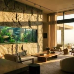 אקווריום בעיצוב הבית המוטמע בתוך עמוד אבן טבעית רחב בחלל מגורים יוקרתי עם חלונות תקרה-רצפה ותאורת שקיעה חמה.