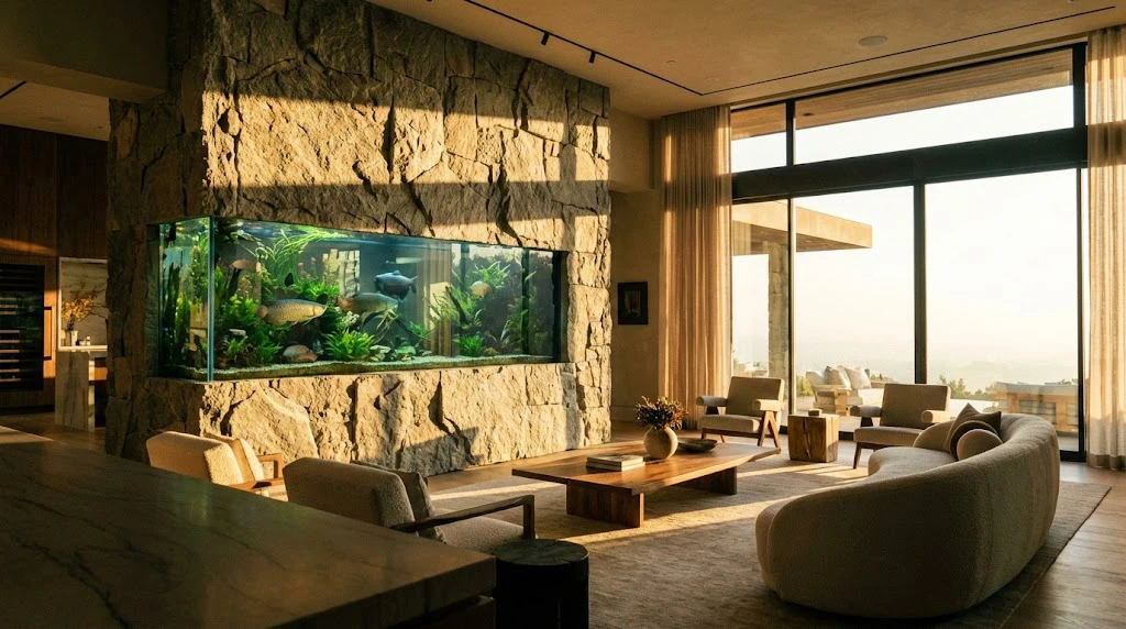 אקווריום בעיצוב הבית המוטמע בתוך עמוד אבן טבעית רחב בחלל מגורים יוקרתי עם חלונות תקרה-רצפה ותאורת שקיעה חמה.