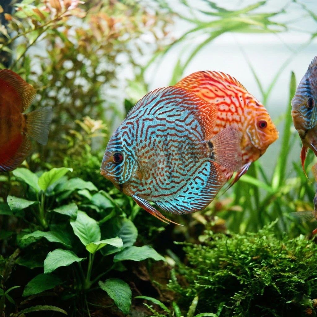 דגי דיסקוס צבעוניים שוחים בתוך אקווריום בעיצוב הבית המשלב צמחיית מים חיה ועבותה.