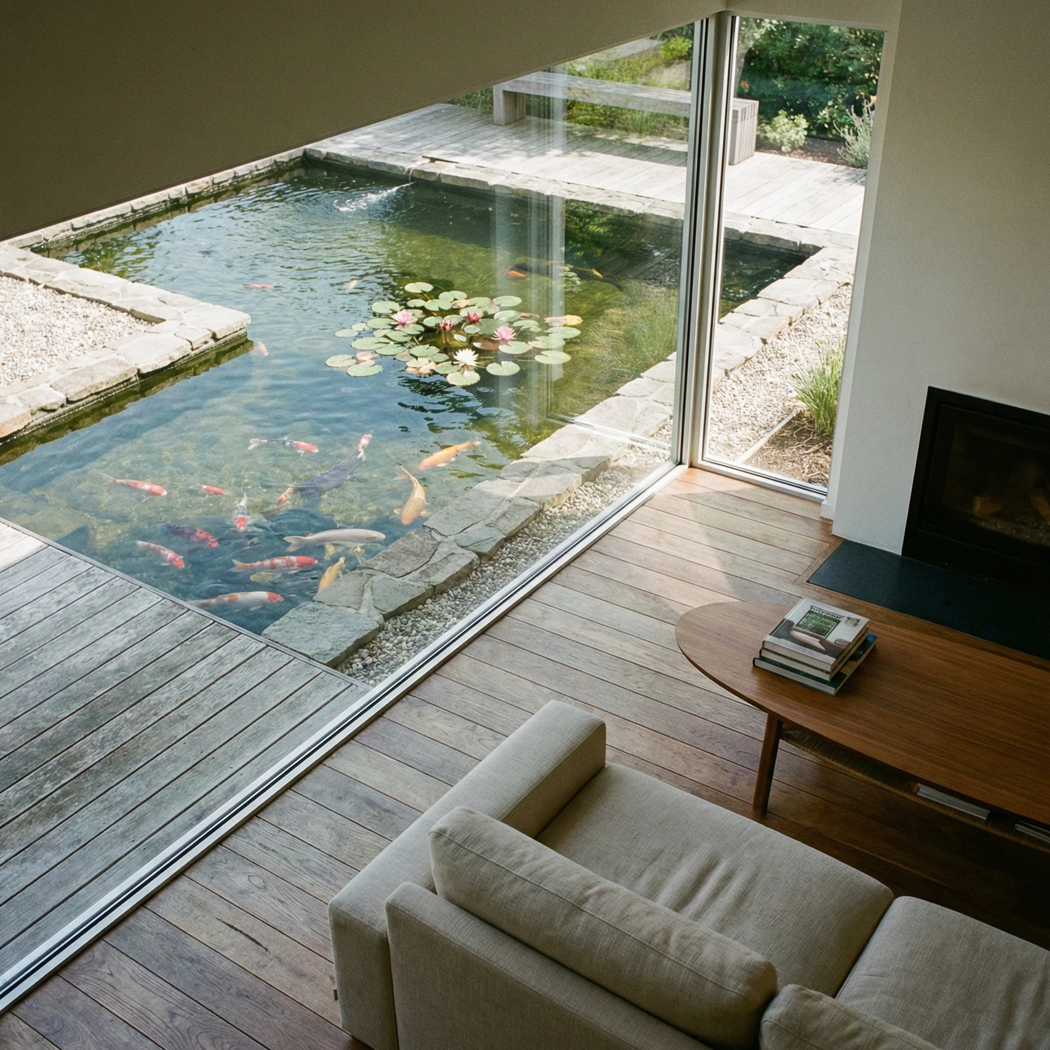 מבט מתוך סלון מודרני אל בריכת נוי עם דגי קוי וצמחי מים הנשקפת מבעד לחלון גדול, כחלק משילוב אקווריום בעיצוב הבית ליצירת אווירה רגועה.