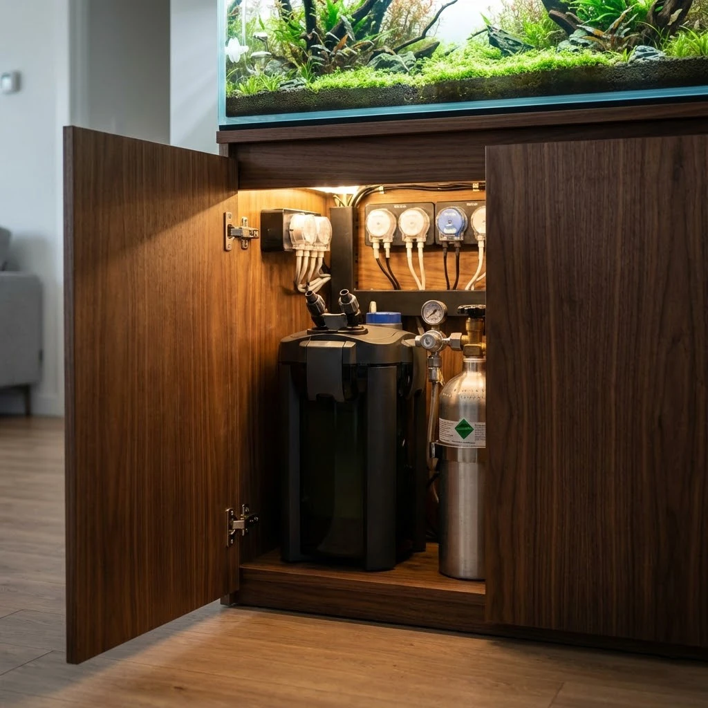 מערכת פילטרציה מקצועית ובלון פחמן דו-חמצני המוסתרים בתוך ארון עץ מעוצב עבור אקווריום בעיצוב הבית, המאפשרת מראה נקי ואסתטי ללא ציוד גלוי.