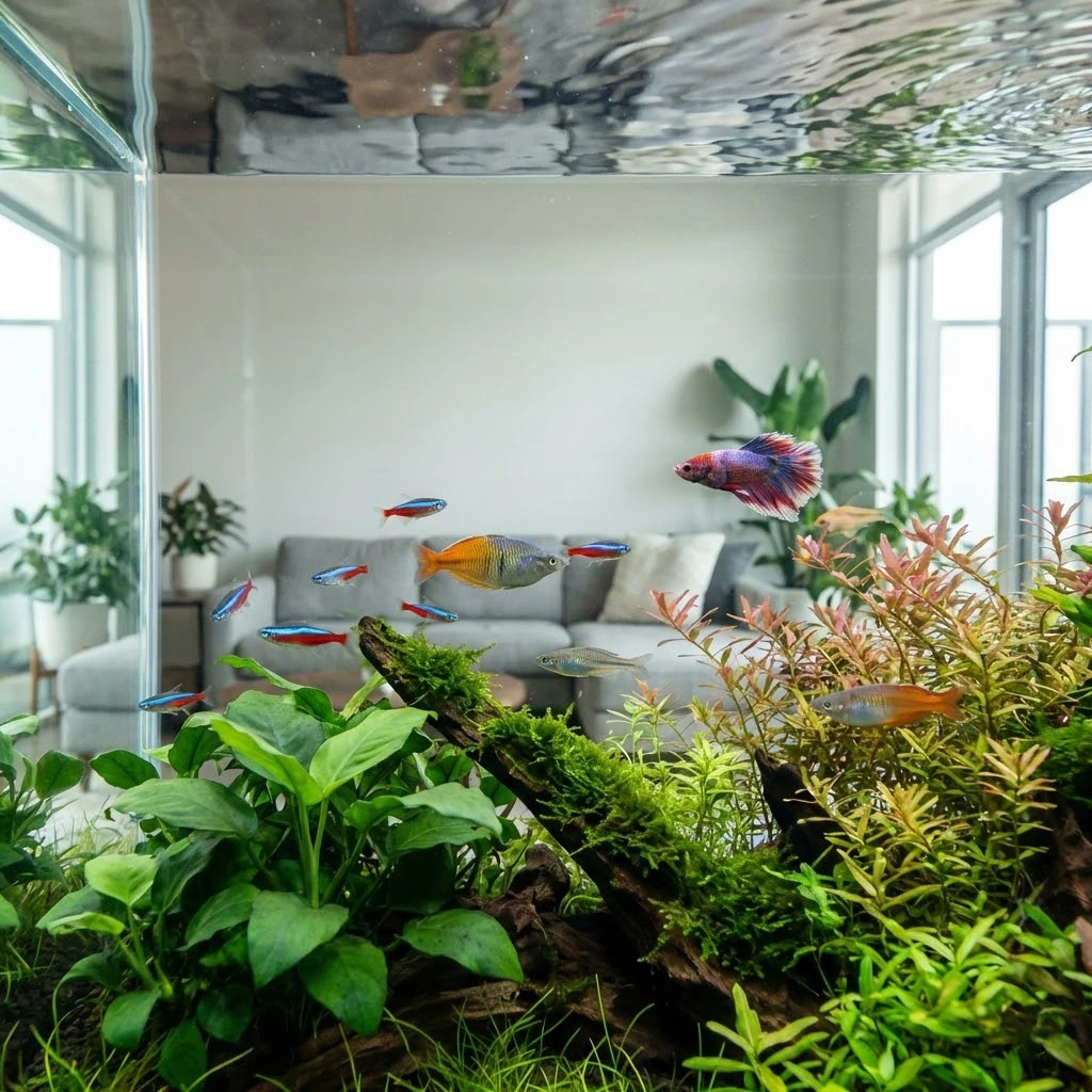 אקווריום בעיצוב הבית המציג מים צלולים וצמחייה מטופחת על רקע סלון מודרני, להמחשת חשיבות התחזוקה למראה נקי ואסתטי.