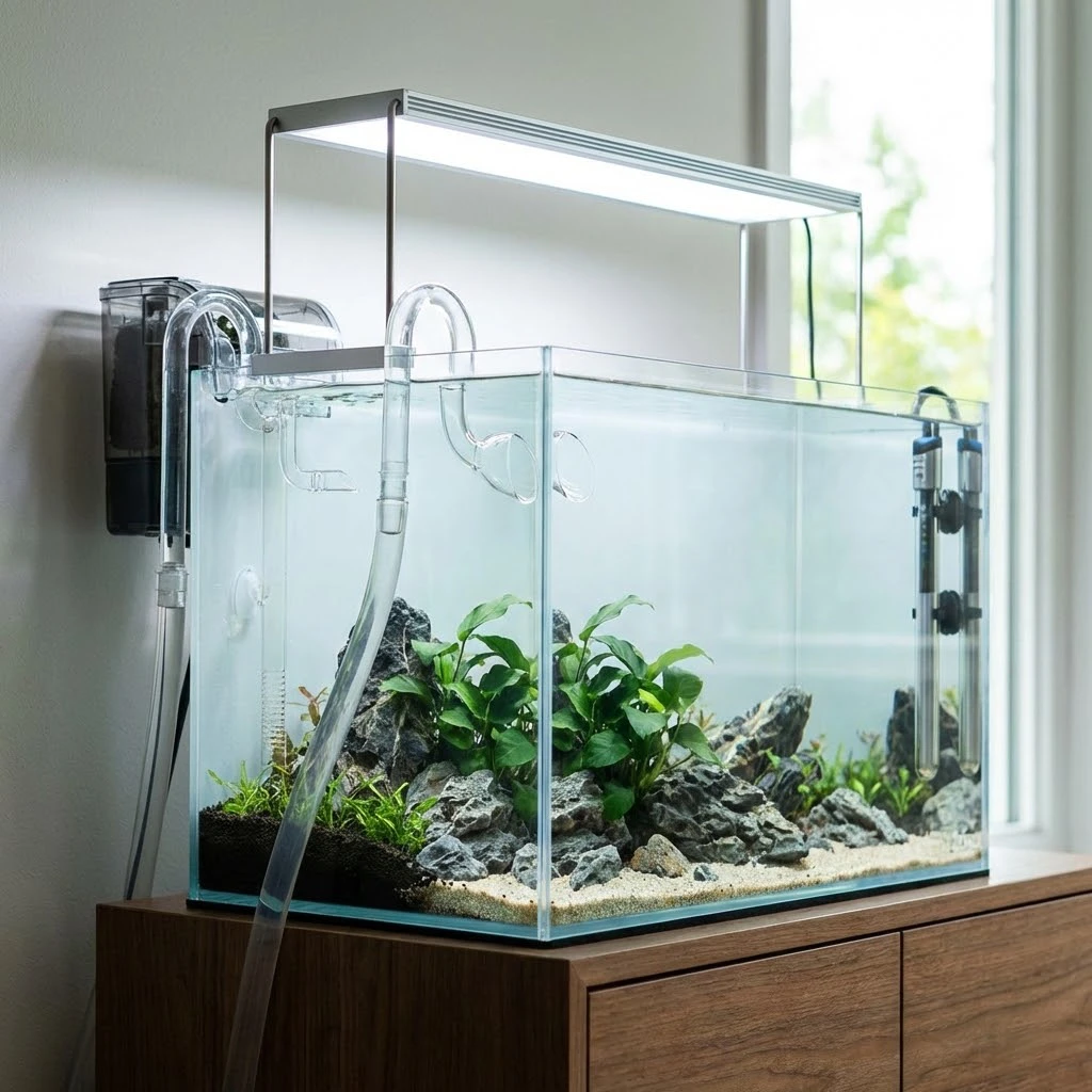 אקווריום קהילה מודרני המציג ציוד טכני איכותי ונקי: פילטר חיצוני עם צנרת זכוכית, גוף תאורה LED דק וגוף חימום. המים צלולים והאקווריום מכיל צמחים וסלעים.