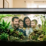 אקווריום קהילה גדול בתוך סלון מואר, עם משפחה מאושרת (זוג ושני ילדים) מתבוננת בו בחיוך. האקווריום מכיל דגי ניאון טטרה, סקלר, גופי וקורידורס, לצד צמחייה ירוקה, שורשים וסלעים.