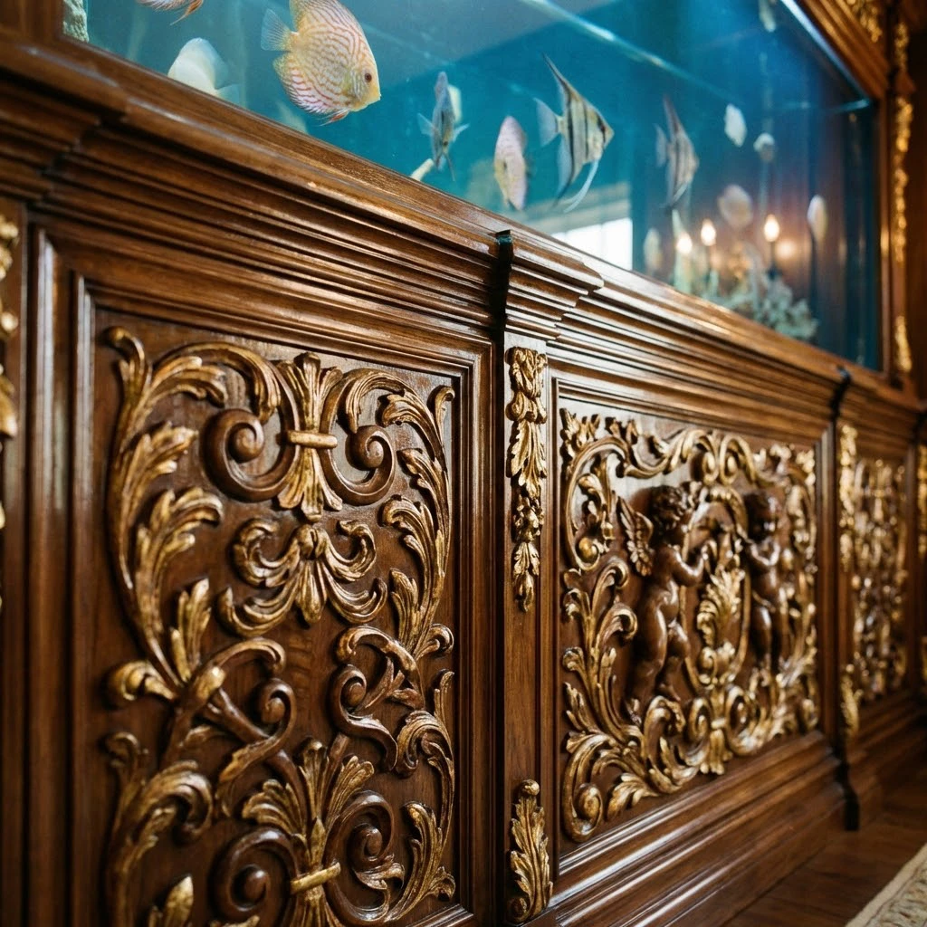אקווריום יוקרה בסגנון בארוק עם פאנלים מעץ מגולף בעבודת יד, עיצוב אקווריומים יוקרתי.