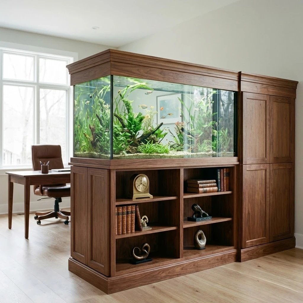 אקווריום כרהיט מעוצב הכולל ארונית נגרות מותאמת אישית ומדפי נוי, חוות דג הזהב 8.