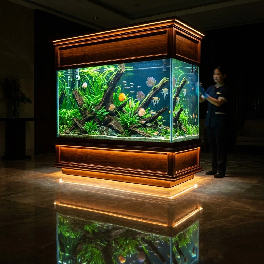 אקווריום ללובי יוקרתי עם תאורה מרשימה וחיפוי עץ מבריק, תכנון אקווריומים לאדריכלים.