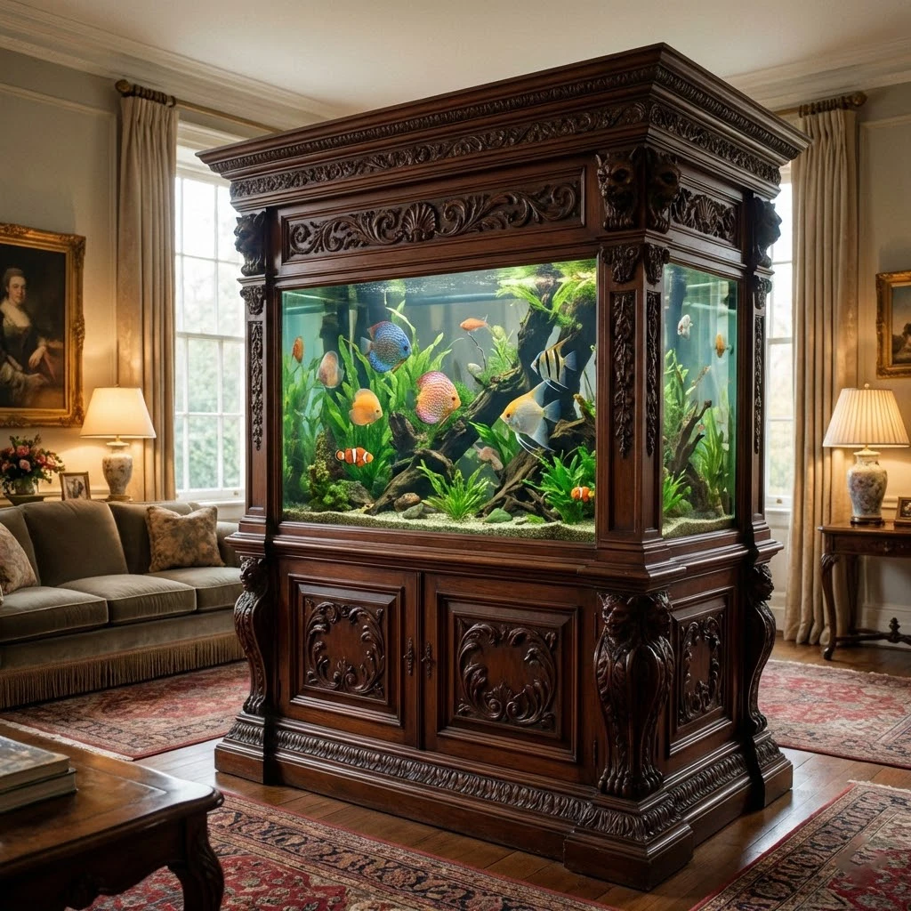 אקווריום עץ עתיק מעוצב בסלון יוקרתי, נגרות אישית לאקווריום בחוות דג הזהב 8. copy