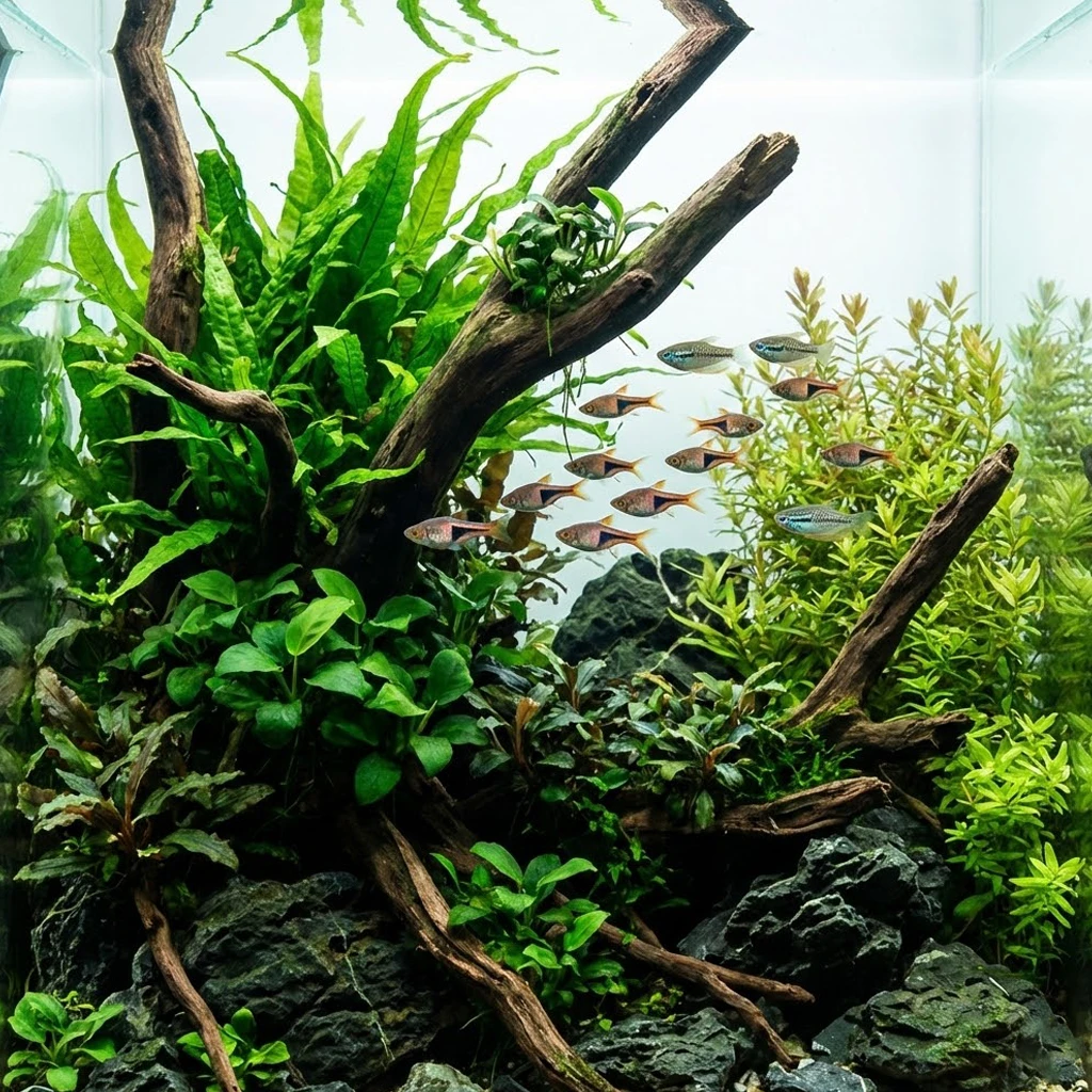 אקווריום קהילה המציג דגי ניאון טטרה וגופי שוחים בתיאום, מוקפים בצמחיית שרכים עשירה ושורש עץ. המים צלולים ונקיים.
