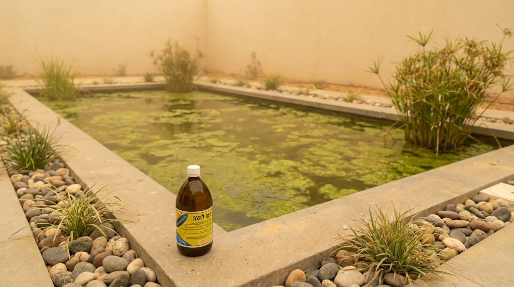 ניקוי אצות מהבריכה - בריכת נוי מכוסה באצות בסופת אבק