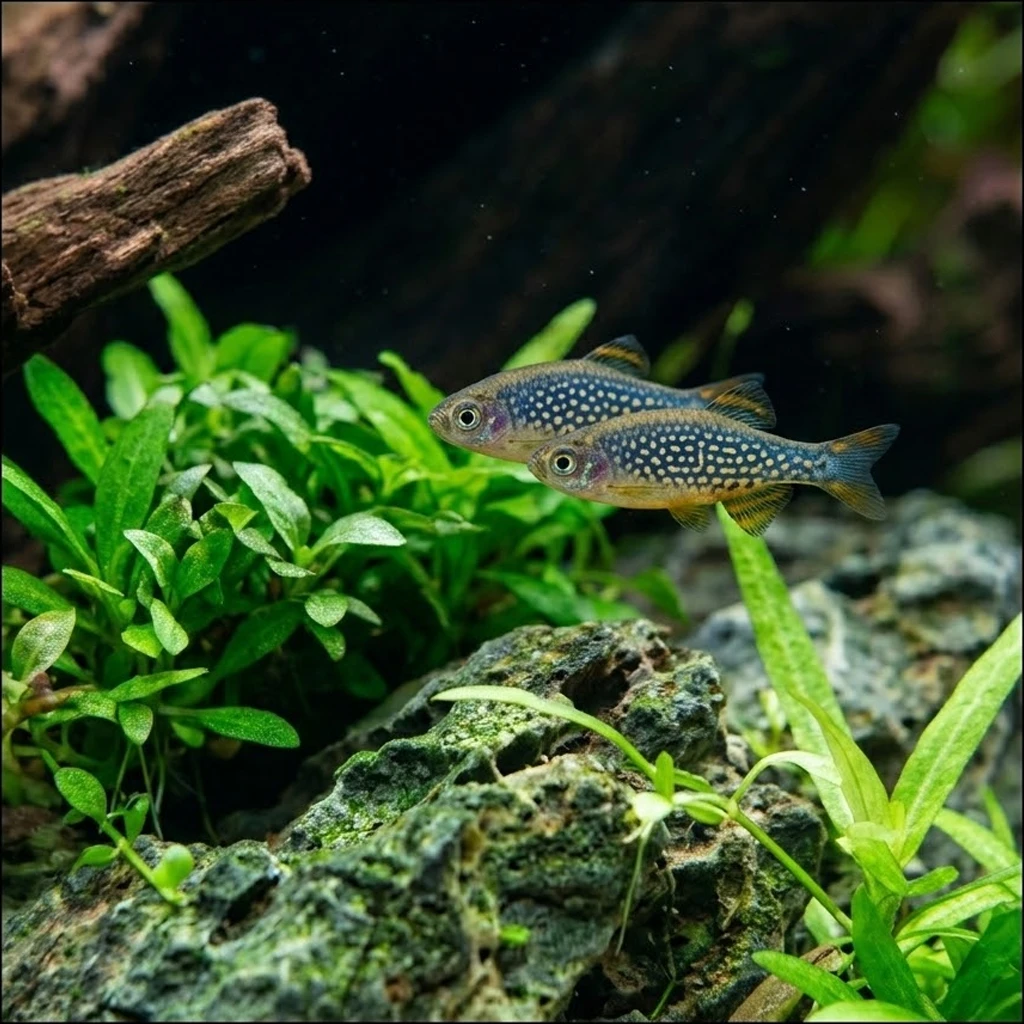 תמונת תקריב ריבועית (1:1) המציגה שילוב מרהיב בין צמחיית שטיח חיה ומשגשגת לבין אבני דקורציה טבעיות, מתוך הקשר הוויזואלי של פסקת הפתיחה. התמונה מדגימה את הירידה לפרטים הנדרשת בתחזוקת אקווריום מקצועית לפי המדריך של חוות דג הזהב