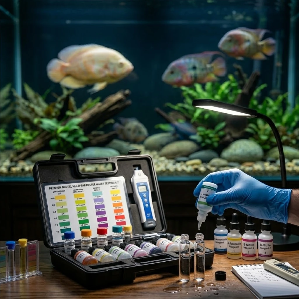 תקריב מקצועי בריבוע (1:1) המציג בדיקת איכות מים מפורטת בחוות דג הזהב. התמונה מתמקדת בקיט בדיקה פתוח על שולחן מואר, עם ערכות בדיקה וטיפות. ברקע המטושטש לחלוטין ניתן להבחין באקווריום ענק עם ציקלידים דרום אמריקאים כמו אוסקר.