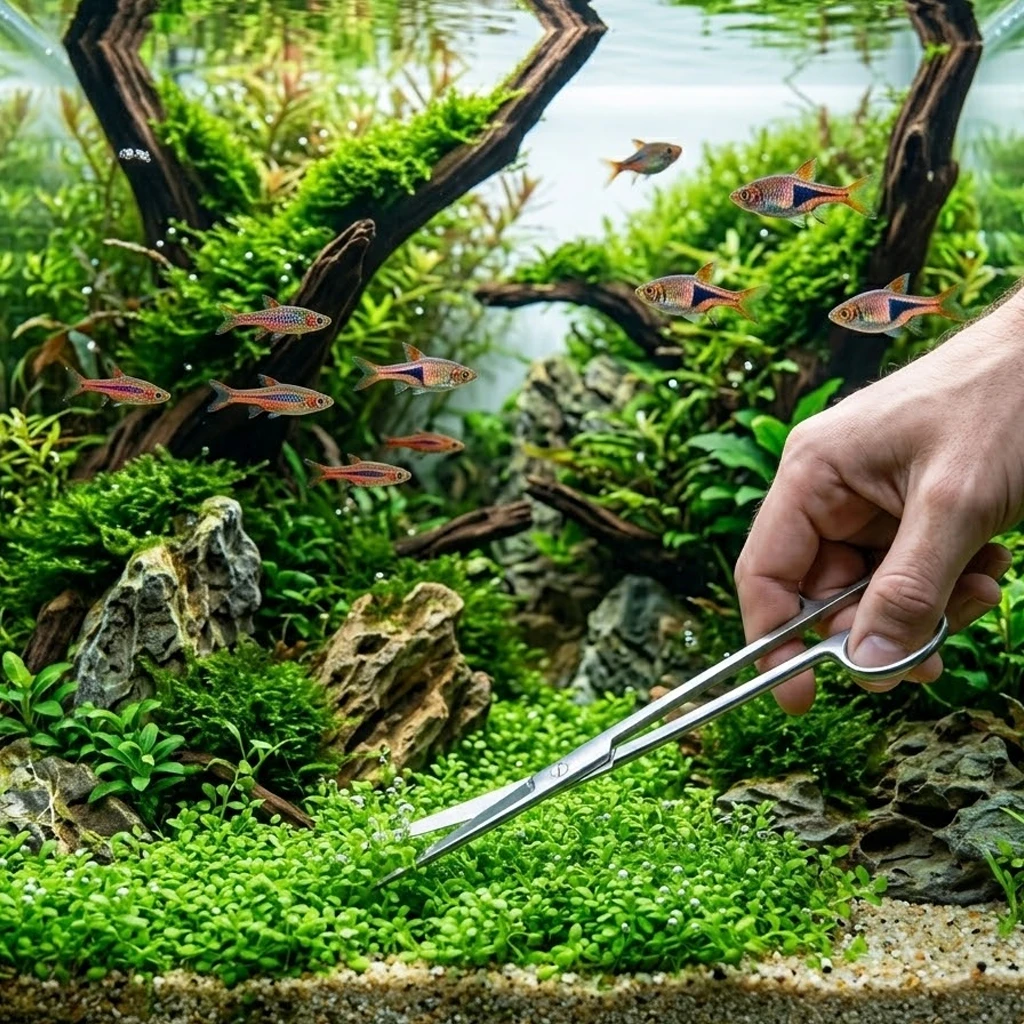 תקריב מקצועי בריבוע (1:1) המציג גיזום צמחי מים באקווריום צמחייה (Aquascape) בעזרת מספריים ייעודיים מפלדת אל-חלד. התמונה מדגימה את המקצועיות של חוות דג הזהב בתחזוקת עיצובי נוף תת-ימי מורכבים.