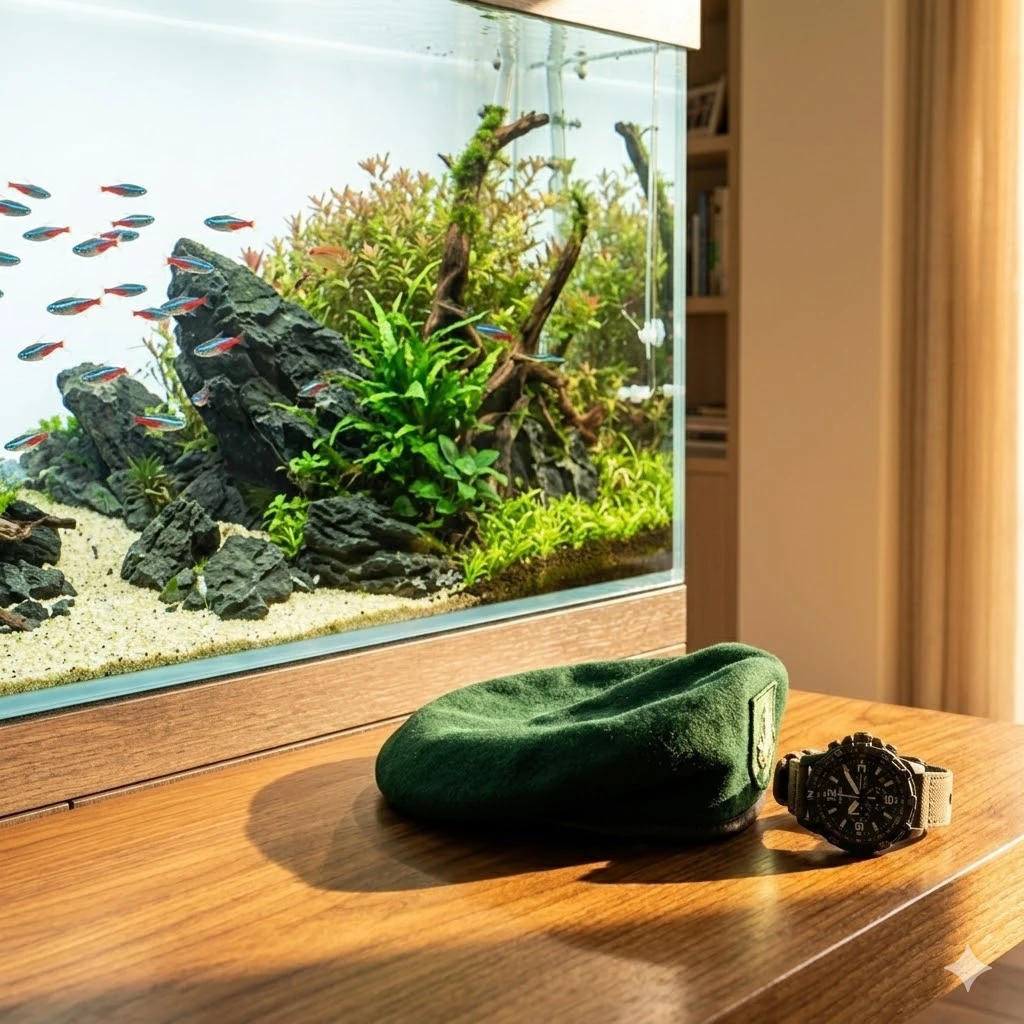 הכנת אקווריום למילואים - כומתה צבאית ליד אקווריום דגי נוי מעוצב