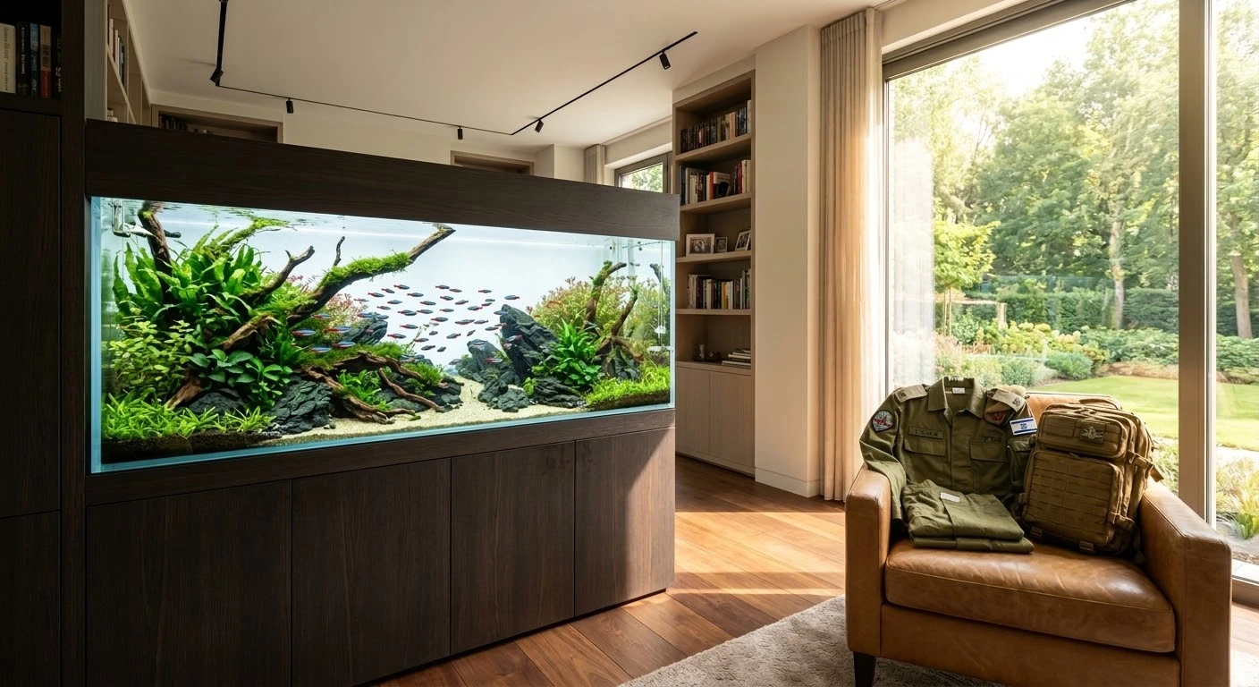 הכנת אקווריום למילואים - אקווריום צמחייה יוקרתי בבית לצד מדים וציוד צבאי הממחישים שילוב בין תחביב דגי נוי לשירות מילואים פעיל