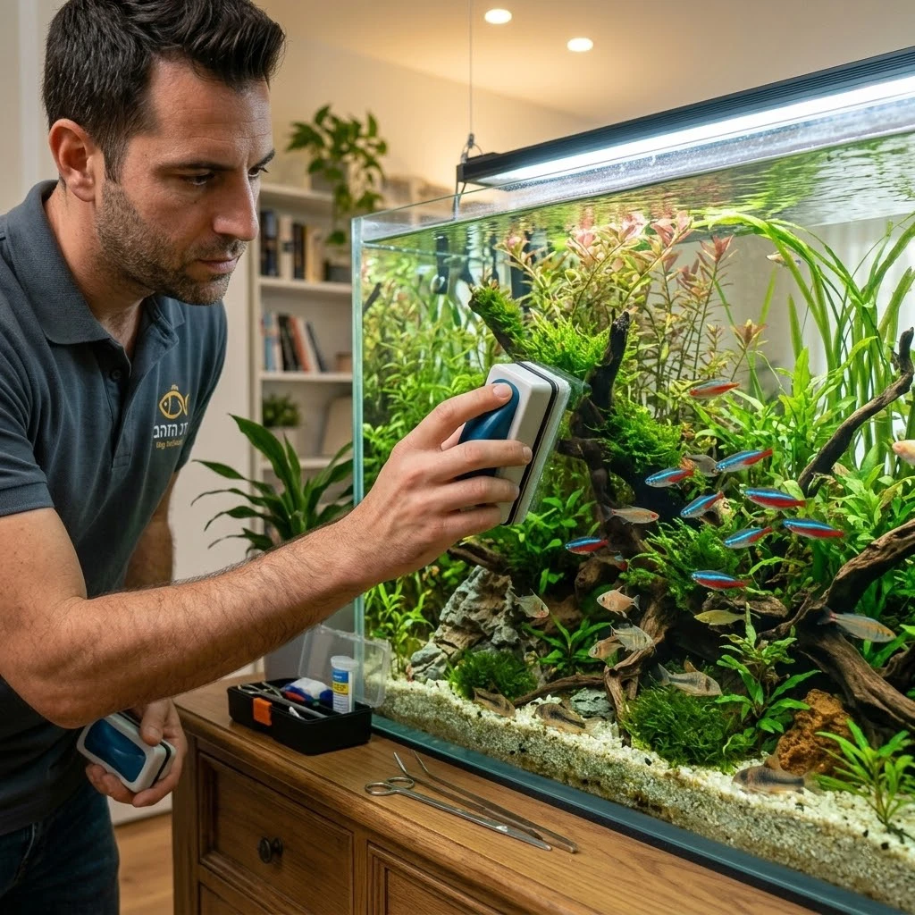 שירות תחזוקת אקווריום במילואים - איש מקצוע של חוות דג הזהב מטפל באקווריום ביתי.