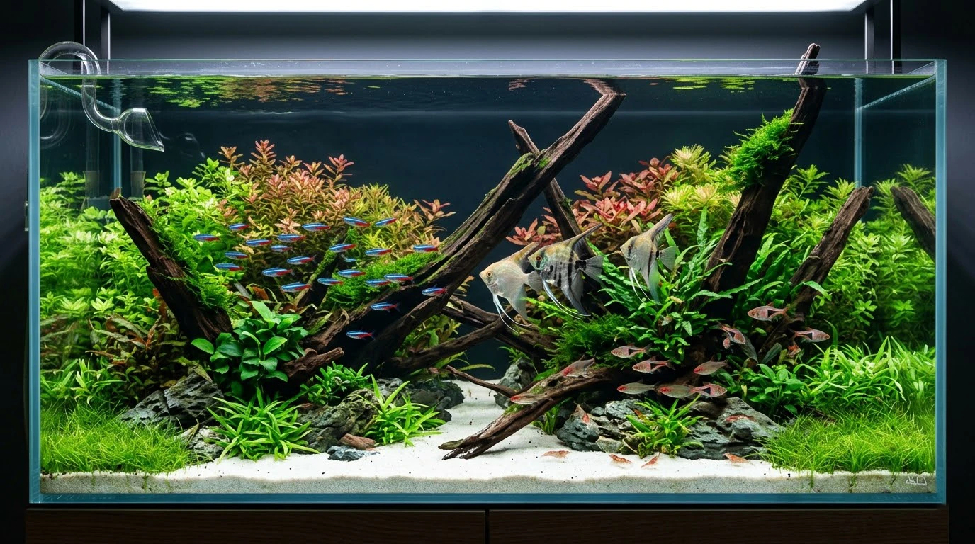 אקווריום צמחייה מרהיב ביופיו עם מים צלולים כקריסטל ודגים בריאים, המדגים את התוצאה של תחזוקת אקווריום מקצועית ונכונה מבית חוות דג הזהב.