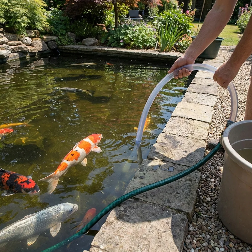 איור של תהליך החלפת מים בבריכת קוי באמצעות צינור