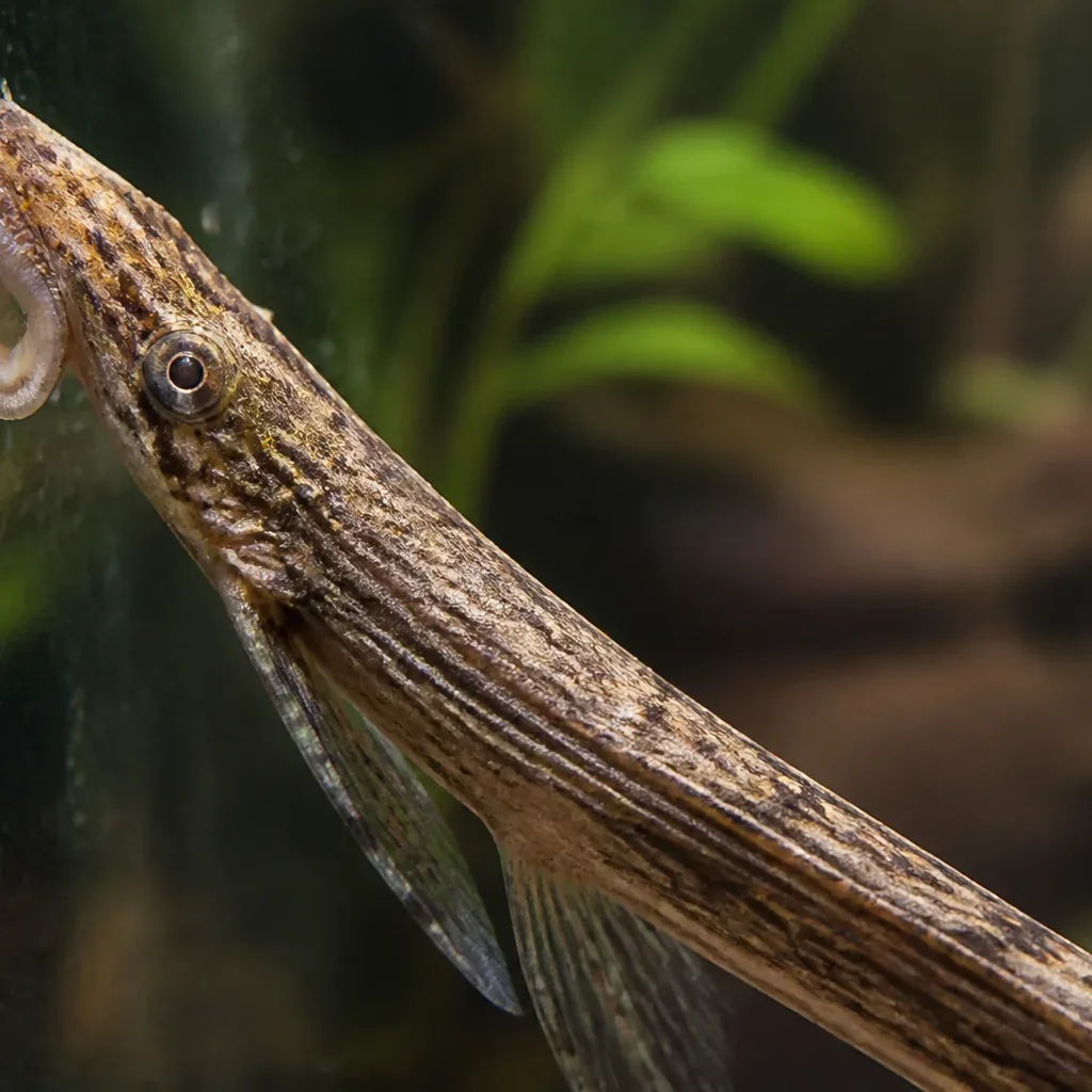 פרלוואלה Farlowella acus בצילום מקרוב של ראש מוארך ופה יניקה