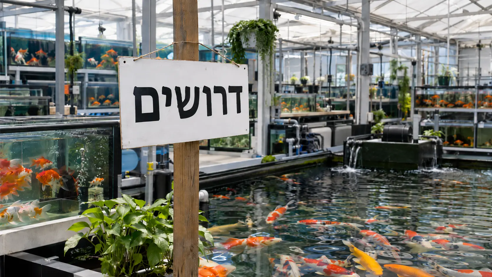 חוות דגי נוי ובתוכה שלט דרושים