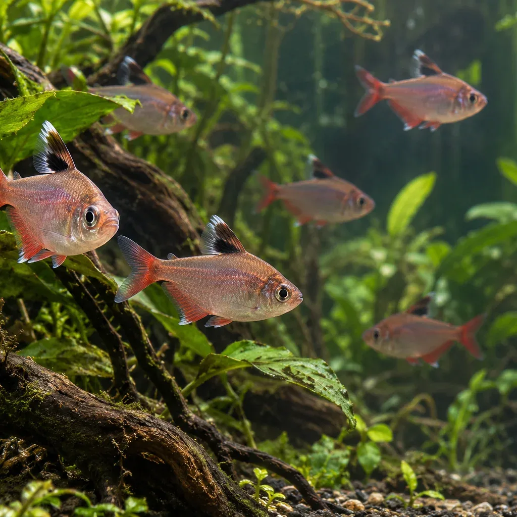 להקת רוזי טטרה בגווני ורוד וכסף ליד שורש וצמחי אקווריום