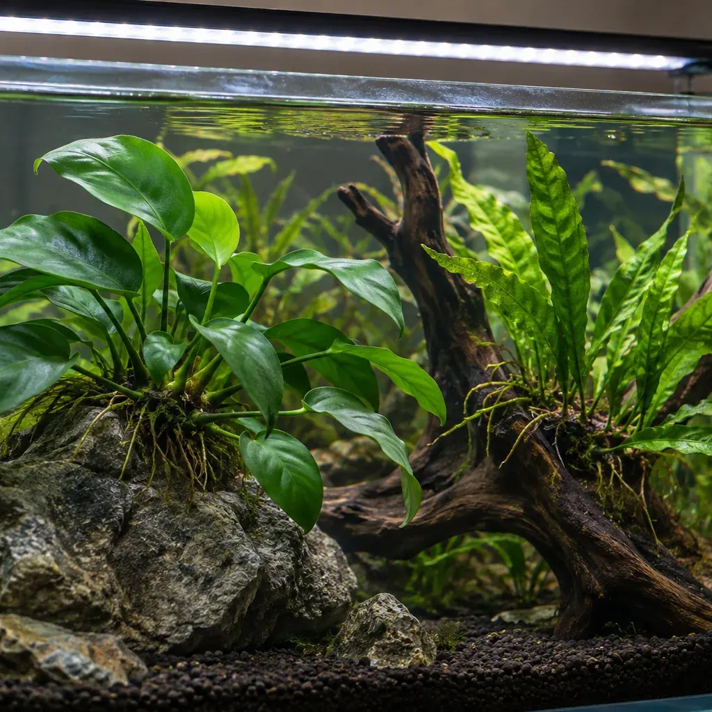 צמחי Anubias ו-Java Fern באקווריום צמחייה